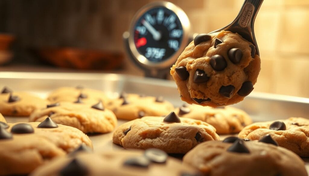 A close-up of fresh chocolate chip cookie dough being scooped onto a metal baking sheet, the gooey, golden-brown cookies fresh from the oven in the foreground. In the middle ground, a reliable oven thermometer displays the optimal baking temperature of 375°F. The background is filled with the warm, comforting glow of a well-used kitchen, hinting at the delicious aroma of baking cookies. Soft, diffused lighting highlights the enticing texture of the cookies, inviting the viewer to imagine the satisfying crunch and melty chocolate chips. The overall mood is one of homey, nostalgic charm, perfectly capturing the essence of the classic Betty Crocker chocolate chip cookie recipe.