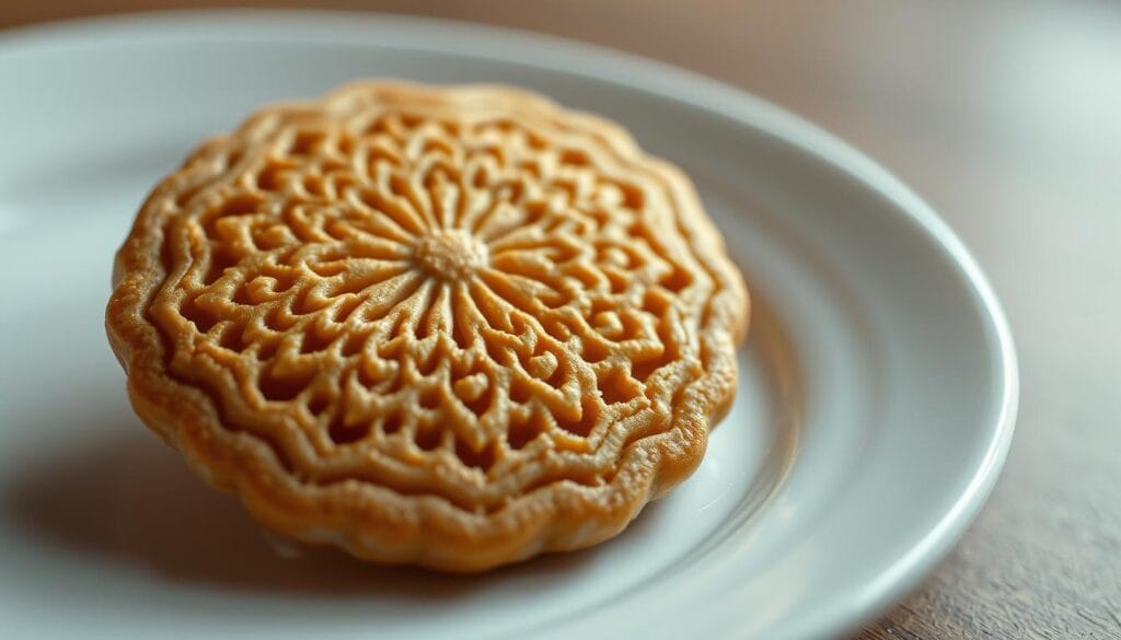 A close-up shot of a homemade Squid Game dalgona cookie, delicately crafted with intricate patterns. The cookie rests on a white ceramic plate, the detailed lace-like design shimmering under soft, evenly diffused lighting. The background is blurred, creating a sense of focus and attention on the cookie's intricate texture and golden-brown hue. The image conveys a sense of precision, care, and the attention to detail required to successfully bake this iconic Netflix show treat.