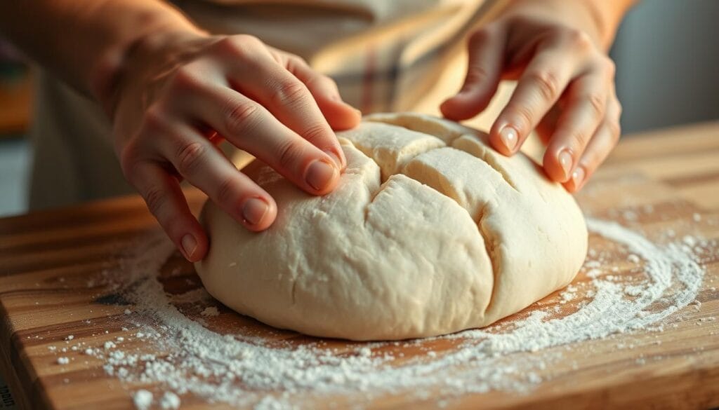 A close-up view of a baker's hands meticulously shaping and scoring freshly kneaded French bread dough on a wooden board. The dough has a soft, pliable texture, and the baker's fingers deftly manipulate it, creating strategic slashes across the surface. Warm, diffused lighting from the side casts a soft glow, highlighting the bread's delicate structure and the baker's focused expression. The background is blurred, keeping the emphasis on the intricate process of crafting the perfect loaf. Subtle shadows and highlights add depth and dimension, conveying the artistry and care involved in this traditional breadmaking technique. A close-up view of a baker's hands meticulously shaping and scoring freshly kneaded French bread dough on a wooden board. The dough has a soft, pliable texture, and the baker's fingers deftly manipulate it, creating strategic slashes across the surface. Warm, diffused lighting from the side casts a soft glow, highlighting the bread's delicate structure and the baker's focused expression. The background is blurred, keeping the emphasis on the intricate process of crafting the perfect loaf. Subtle shadows and highlights add depth and dimension, conveying the artistry and care involved in this traditional breadmaking technique.
