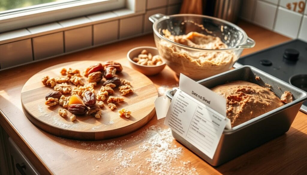A cozy kitchen counter, bathed in warm, natural light. On the surface, a wooden cutting board holds an array of baking ingredients - golden-brown dates, crunchy walnuts, and a mixing bowl full of aromatic batter. Nearby, a loaf pan waits to be filled with the homemade date nut bread mixture. Flour dusts the counter, and a well-worn recipe card rests within easy reach, offering guidance on the step-by-step preparation. The scene exudes a sense of homemade comfort and care, inviting the viewer to imagine the delicious, moist and sweet loaf soon to emerge from the oven.