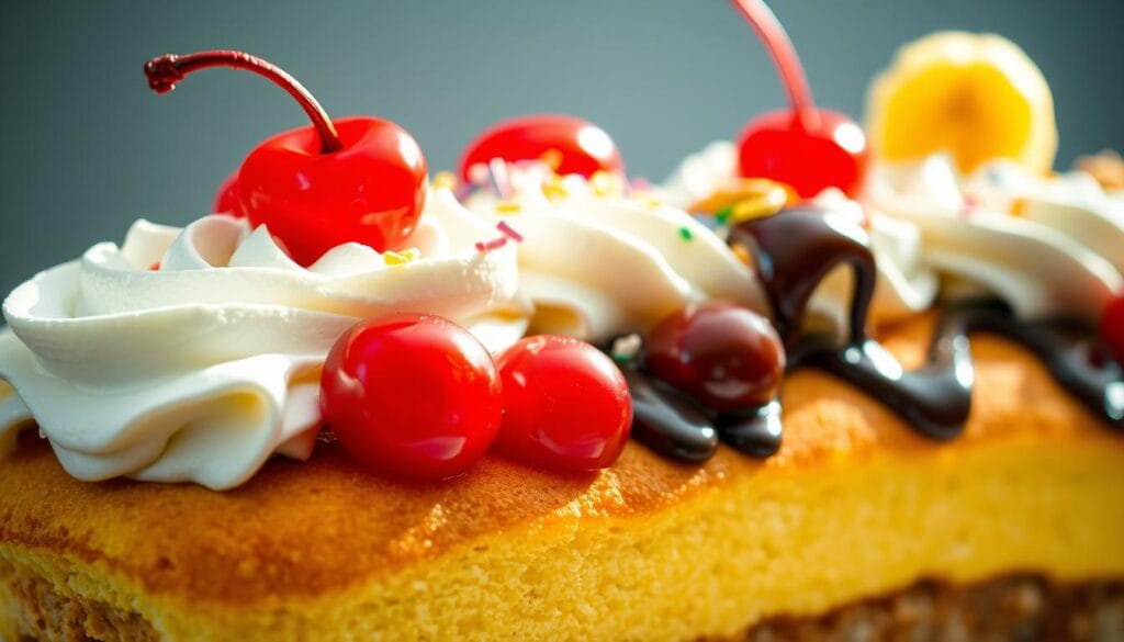 A delectable banana split cake toppings scene, illuminated by warm, natural lighting. In the foreground, an artful arrangement of vibrant red cherries, luscious whipped cream, and decadent chocolate sauce drizzled over the cake's golden-brown surface. In the middle ground, colorful sprinkles and chopped nuts add a delightful textural contrast. The background features a subtle gradient, creating a focus on the sumptuous dessert. The overall composition evokes a sense of indulgence and the classic flavors of a beloved banana split treat.