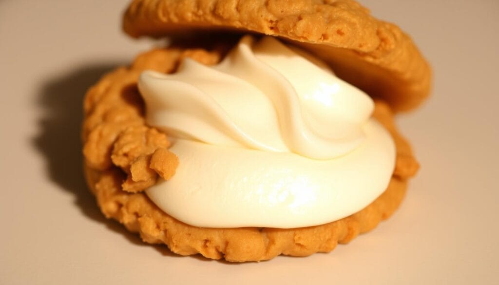 A delicate, creamy marshmallow buttercream filling, nestled between two soft, golden-brown oatmeal cookies. The filling is light and airy, gently piped onto the cookie surface, creating a smooth, even layer. Subtle vanilla notes dance across the taste buds, complementing the oat-y goodness of the cookie base. Soft shadows cast by the filling's peaks and valleys, illuminated by a warm, diffused light source, create depth and texture. The overall scene exudes a comforting, homemade warmth, inviting the viewer to imagine the satisfying crunch and melt-in-your-mouth experience of this classic oatmeal cream pie treat. A delicate, creamy marshmallow buttercream filling, nestled between two soft, golden-brown oatmeal cookies. The filling is light and airy, gently piped onto the cookie surface, creating a smooth, even layer. Subtle vanilla notes dance across the taste buds, complementing the oat-y goodness of the cookie base. Soft shadows cast by the filling's peaks and valleys, illuminated by a warm, diffused light source, create depth and texture. The overall scene exudes a comforting, homemade warmth, inviting the viewer to imagine the satisfying crunch and melt-in-your-mouth experience of this classic oatmeal cream pie treat.