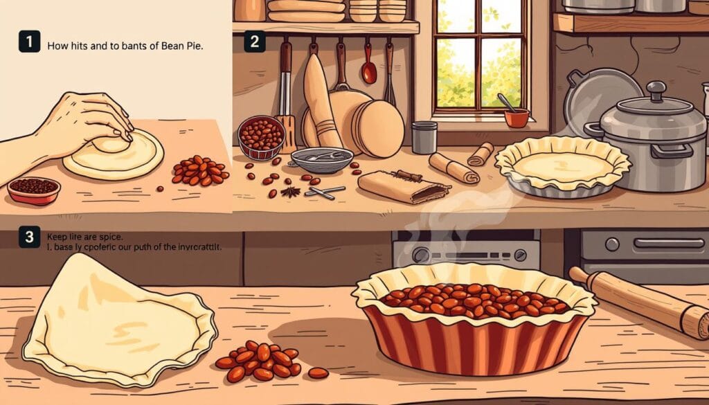 A detailed step-by-step illustration of bean pie preparation. Foreground shows hands kneading dough, rolling it out, and lining a pie dish. Middle ground displays various ingredients like beans, spices, and pastry. Background features a rustic kitchen counter with utensils, a rolling pin, and a bubbling pot. Warm, natural lighting from a nearby window casts a cozy, homey atmosphere. The overall scene conveys the satisfying process of crafting a homemade bean pie from scratch. A detailed step-by-step illustration of bean pie preparation. Foreground shows hands kneading dough, rolling it out, and lining a pie dish. Middle ground displays various ingredients like beans, spices, and pastry. Background features a rustic kitchen counter with utensils, a rolling pin, and a bubbling pot. Warm, natural lighting from a nearby window casts a cozy, homey atmosphere. The overall scene conveys the satisfying process of crafting a homemade bean pie from scratch.