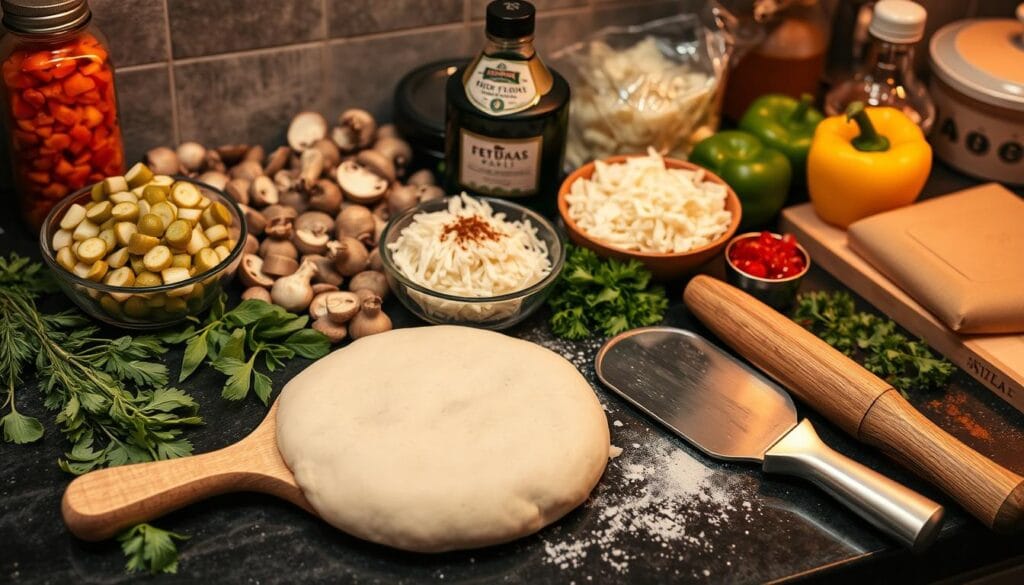 A kitchen counter filled with a variety of fresh pizza ingredients, including diced dill pickles, sliced mushrooms, diced bell peppers, shredded mozzarella cheese, and a selection of herbs and spices. In the foreground, a wooden pizza peel, a rolling pin, and a pizza cutter lie alongside a ball of fresh dough. Soft, warm lighting casts a cozy, inviting glow over the scene, creating a tempting and appetizing atmosphere.