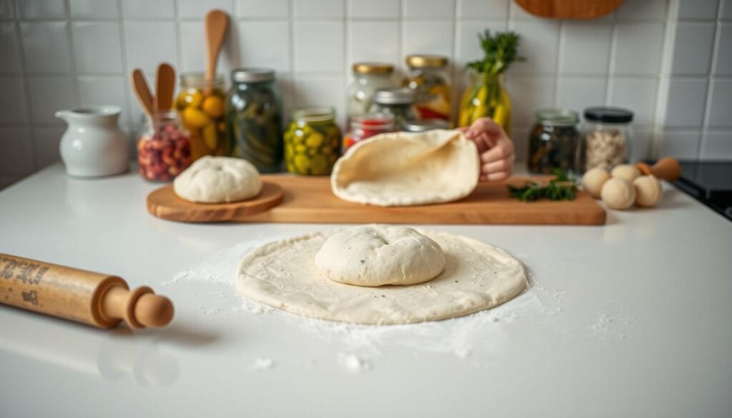 A kitchen counter with a clean white surface, a rolling pin, and a ball of dough sitting on a wooden cutting board. In the middle ground, a step-by-step sequence of hands kneading, stretching, and tossing the dough, creating a thin, round pizza crust. In the background, jars of pickles, herbs, and other pizza toppings are neatly arranged, creating a cozy, inviting atmosphere. The lighting is soft and natural, highlighting the textures and colors of the ingredients. The camera angle is slightly elevated, providing a bird's-eye view of the preparation process, making the viewer feel like an active participant in the pizza-making journey. A kitchen counter with a clean white surface, a rolling pin, and a ball of dough sitting on a wooden cutting board. In the middle ground, a step-by-step sequence of hands kneading, stretching, and tossing the dough, creating a thin, round pizza crust. In the background, jars of pickles, herbs, and other pizza toppings are neatly arranged, creating a cozy, inviting atmosphere. The lighting is soft and natural, highlighting the textures and colors of the ingredients. The camera angle is slightly elevated, providing a bird's-eye view of the preparation process, making the viewer feel like an active participant in the pizza-making journey.