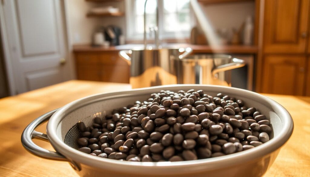 A large, porcelain bowl filled with freshly rinsed navy beans sits atop a wooden kitchen counter. Rays of warm, natural light spill through a nearby window, casting a soft glow across the scene. In the foreground, a steel colander drains excess water from the beans, while a stainless steel saucepan waits in the middle ground, ready to receive the prepared legumes. The background features a clean, minimalist kitchen, hinting at the culinary journey about to unfold. The overall mood is one of preparation and anticipation, as these navy beans are poised to become the heart of a homemade bean pie. A large, porcelain bowl filled with freshly rinsed navy beans sits atop a wooden kitchen counter. Rays of warm, natural light spill through a nearby window, casting a soft glow across the scene. In the foreground, a steel colander drains excess water from the beans, while a stainless steel saucepan waits in the middle ground, ready to receive the prepared legumes. The background features a clean, minimalist kitchen, hinting at the culinary journey about to unfold. The overall mood is one of preparation and anticipation, as these navy beans are poised to become the heart of a homemade bean pie.