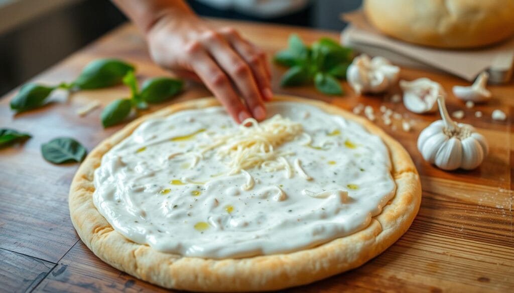 A large wooden table, its surface scattered with fresh basil leaves, sliced garlic, and creamy white sauce. In the foreground, a hand gently spreads the sauce across a round, golden-brown pizza crust, creating an even layer. Atop this, a generous sprinkling of mozzarella cheese, its strands glistening under the soft, warm lighting. In the middle ground, a handful of fragrant garlic cloves are crushed and their aromatic oils blend with the sauce, while a drizzle of olive oil adds a subtle sheen. The background is slightly blurred, hinting at a well-equipped kitchen, where the scent of baking dough and simmering herbs fills the air, creating a cozy, inviting atmosphere.