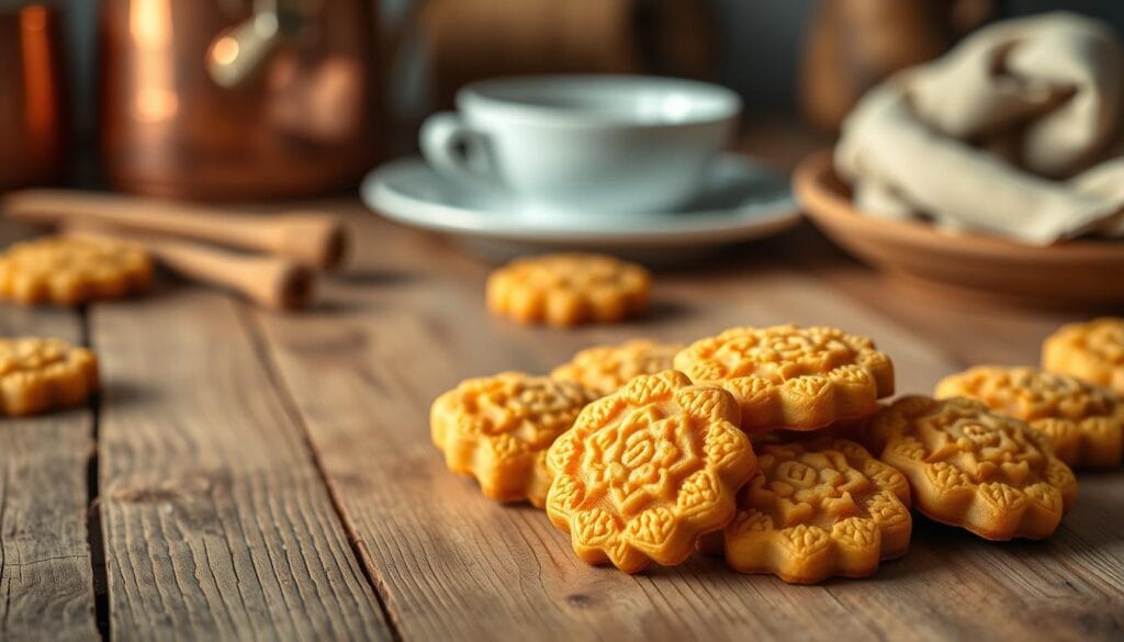 A meticulously crafted, gently lit image of a rustic wooden table showcasing a delicate arrangement of Squid Game-inspired cookies. The foreground features the golden-brown, honeycomb-textured treats, adorned with intricate patterns reminiscent of the show's iconic shapes. In the middle ground, a clean white plate provides a simple backdrop, allowing the cookies to take center stage. The background is softly blurred, hinting at a cozy kitchen setting with subtle hints of copper cookware and earthy tones. The overall composition exudes a sense of homemade craftsmanship and attention to detail, perfectly capturing the essence of the "Squid Game Cookies" recipe.