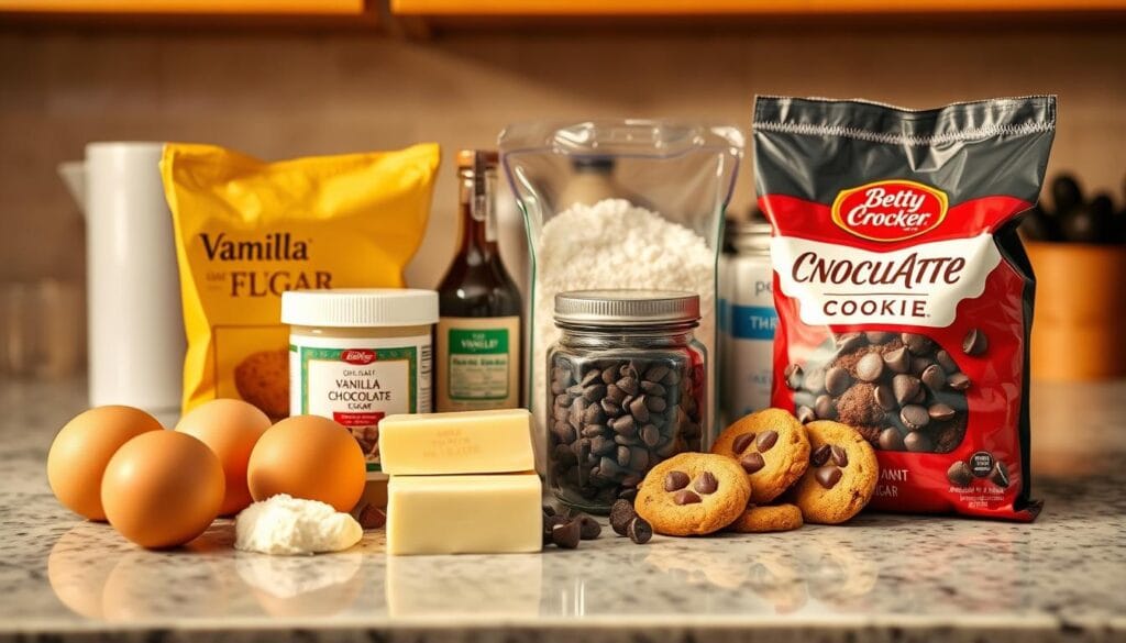 A neatly organized countertop, bathed in warm, golden lighting. At the center, a collection of classic baking ingredients for Betty Crocker's renowned Chocolate Chip Cookie recipe - plump, golden brown eggs, rich butter, granulated and brown sugars, all-purpose flour, a jar of vanilla extract, and a bag of semi-sweet chocolate chips. The ingredients are arranged in an elegant, visually appealing composition, inviting the viewer to imagine the delicious homemade cookies that will soon emerge from the oven. The scene evokes a sense of cozy, inviting domesticity, capturing the essence of this timeless, beloved recipe.