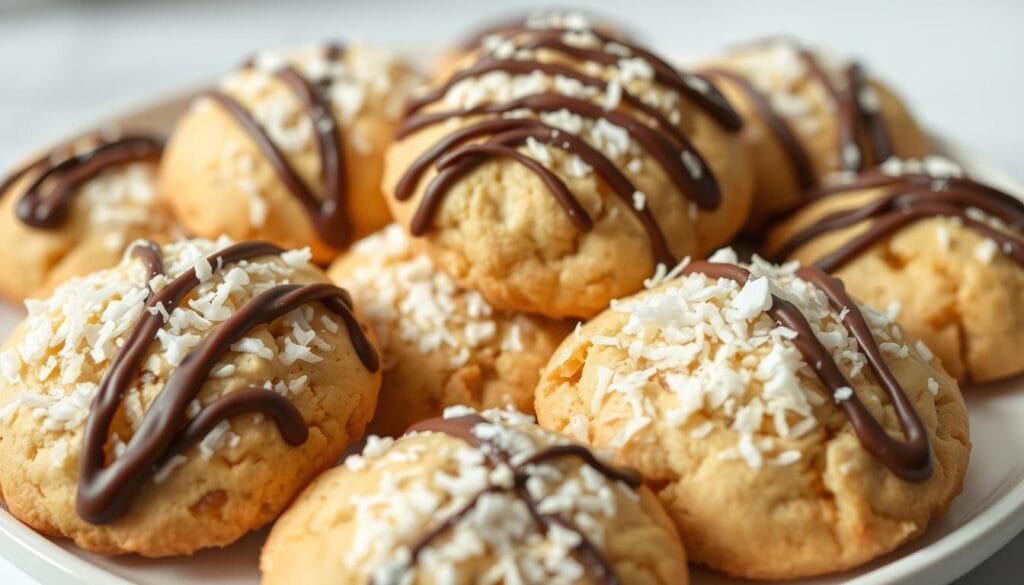 A plate of freshly baked, gluten-free almond joy cookies, arranged in an artful display. The cookies have a golden-brown exterior, with a soft, chewy center. Shredded coconut covers the top, adding a sweet, tropical flavor. Decorative chocolate drizzle cascades over the cookies, creating a visually striking contrast. The lighting is soft and natural, highlighting the cookies' delicate texture. The camera angle is slightly elevated, allowing the viewer to appreciate the cookies' inviting presentation. The background is clean and minimalist, keeping the focus on the delectable treats. The overall mood is one of indulgence and comfort, perfectly capturing the essence of almond joy cookies. A plate of freshly baked, gluten-free almond joy cookies, arranged in an artful display. The cookies have a golden-brown exterior, with a soft, chewy center. Shredded coconut covers the top, adding a sweet, tropical flavor. Decorative chocolate drizzle cascades over the cookies, creating a visually striking contrast. The lighting is soft and natural, highlighting the cookies' delicate texture. The camera angle is slightly elevated, allowing the viewer to appreciate the cookies' inviting presentation. The background is clean and minimalist, keeping the focus on the delectable treats. The overall mood is one of indulgence and comfort, perfectly capturing the essence of almond joy cookies.