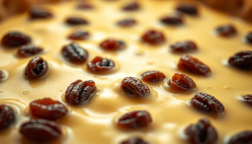 A richly textured close-up shot of a creamy raisin pie filling, captured in soft, warm lighting. The foreground features a smooth, velvety custard-like base, dotted with plump, glossy raisins that seem to burst with sweetness. The middle ground reveals a slightly elevated perspective, showcasing the luscious, almost gelatinous consistency of the filling. The background is blurred, creating a sense of depth and focus on the star of the image - the irresistible raisin cream pie filling. Subtle shadows and highlights accentuate the luxurious mouthfeel and inviting appearance of this indulgent treat. A richly textured close-up shot of a creamy raisin pie filling, captured in soft, warm lighting. The foreground features a smooth, velvety custard-like base, dotted with plump, glossy raisins that seem to burst with sweetness. The middle ground reveals a slightly elevated perspective, showcasing the luscious, almost gelatinous consistency of the filling. The background is blurred, creating a sense of depth and focus on the star of the image - the irresistible raisin cream pie filling. Subtle shadows and highlights accentuate the luxurious mouthfeel and inviting appearance of this indulgent treat.