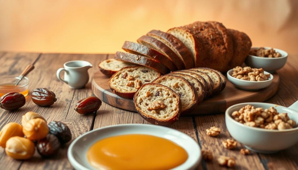 A rustic wooden table set with an artfully arranged platter of thick-sliced date bread, complemented by a variety of accompaniments. In the foreground, a selection of ripe, golden dates, a small pitcher of honey, and a ceramic dish filled with toasted walnuts. In the middle ground, the date bread is presented in an inviting manner, with some slices fanned out and others stacked. The lighting is warm and softly diffused, casting a gentle glow over the scene. In the background, a simple, neutral-toned backdrop allows the colors and textures of the date bread and accoutrements to take center stage. Overall, the image conveys a sense of elegance and homespun charm, inspiring ideas for creatively serving this delectable, homemade treat. A rustic wooden table set with an artfully arranged platter of thick-sliced date bread, complemented by a variety of accompaniments. In the foreground, a selection of ripe, golden dates, a small pitcher of honey, and a ceramic dish filled with toasted walnuts. In the middle ground, the date bread is presented in an inviting manner, with some slices fanned out and others stacked. The lighting is warm and softly diffused, casting a gentle glow over the scene. In the background, a simple, neutral-toned backdrop allows the colors and textures of the date bread and accoutrements to take center stage. Overall, the image conveys a sense of elegance and homespun charm, inspiring ideas for creatively serving this delectable, homemade treat.