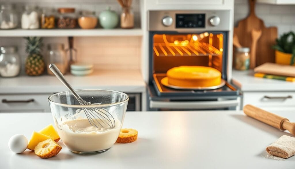 A step-by-step process of baking a homemade pineapple cloud cake on a bright, airy kitchen counter. In the foreground, a mixing bowl with a whisk stirs together the cake batter, surrounded by fresh pineapple slices, cracked eggs, and a sifter of flour. In the middle ground, an open oven reveals a golden cake rising beautifully, the warm glow illuminating the scene. In the background, jars of baking ingredients, a rolling pin, and a cookbook add to the cozy, inviting atmosphere. Soft, natural lighting casts gentle shadows, capturing the care and attention to detail in each stage of the baking process. A step-by-step process of baking a homemade pineapple cloud cake on a bright, airy kitchen counter. In the foreground, a mixing bowl with a whisk stirs together the cake batter, surrounded by fresh pineapple slices, cracked eggs, and a sifter of flour. In the middle ground, an open oven reveals a golden cake rising beautifully, the warm glow illuminating the scene. In the background, jars of baking ingredients, a rolling pin, and a cookbook add to the cozy, inviting atmosphere. Soft, natural lighting casts gentle shadows, capturing the care and attention to detail in each stage of the baking process.