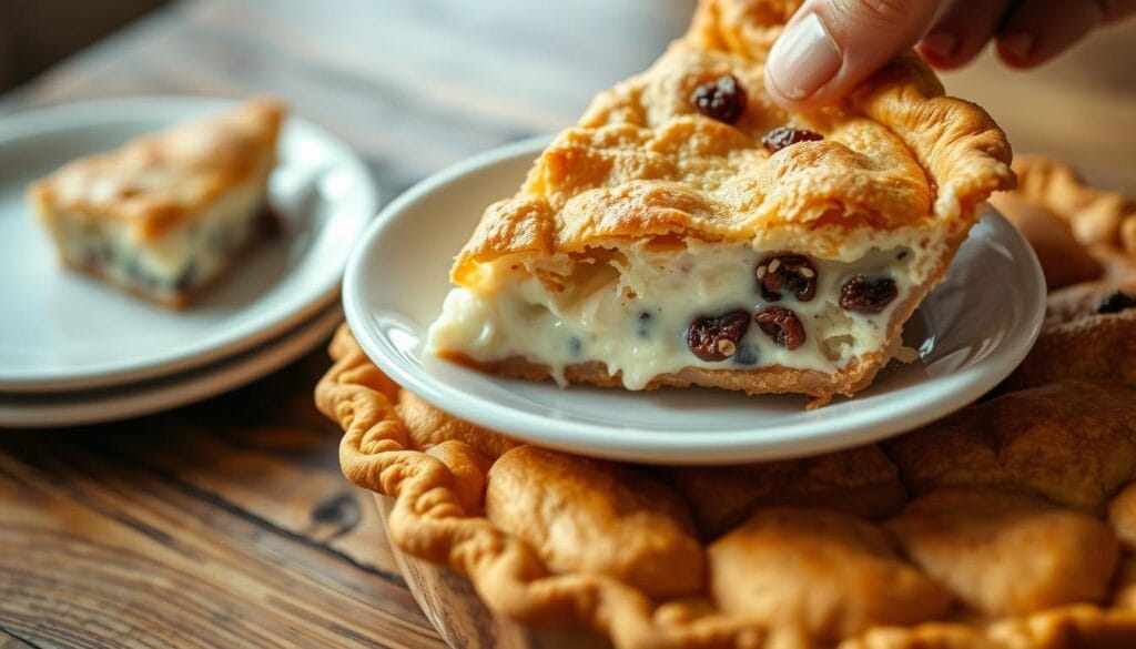 A warm, inviting close-up of a freshly baked raisin cream pie being served on a rustic wooden table. The golden crust is flaky and crisp, with plump, juicy raisins peeking through. A generous slice is being carefully placed onto a white ceramic plate, the rich, creamy filling glistening under soft, diffused lighting. The background is slightly blurred, emphasizing the focus on the delectable dessert. The scene conveys a sense of comfort and homemade goodness, perfect for illustrating a guide on serving and storing this classic American pie. A warm, inviting close-up of a freshly baked raisin cream pie being served on a rustic wooden table. The golden crust is flaky and crisp, with plump, juicy raisins peeking through. A generous slice is being carefully placed onto a white ceramic plate, the rich, creamy filling glistening under soft, diffused lighting. The background is slightly blurred, emphasizing the focus on the delectable dessert. The scene conveys a sense of comfort and homemade goodness, perfect for illustrating a guide on serving and storing this classic American pie.