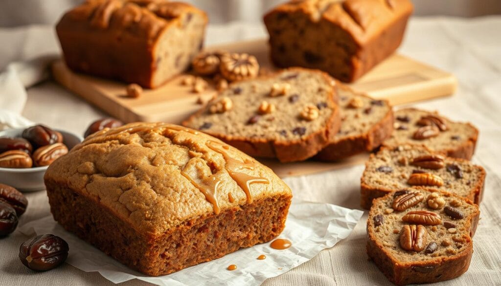 A warm, rustic still life showcasing various date nut bread variations. In the foreground, a freshly baked loaf of classic date nut bread, its golden crust glistening under soft, diffused lighting. Surrounding it, an array of gourmet interpretations - a slice of date nut bread with a drizzle of caramel sauce, another topped with chopped walnuts, and a third laced with hints of cinnamon and nutmeg. In the middle ground, a wooden cutting board bearing dates, pecans, and other ingredients, hinting at the process of creating these delectable treats. The background features a linen tablecloth in an earthy, neutral tone, creating a cozy, homespun atmosphere. Overall, the scene evokes the warmth and comfort of a cherished family recipe.