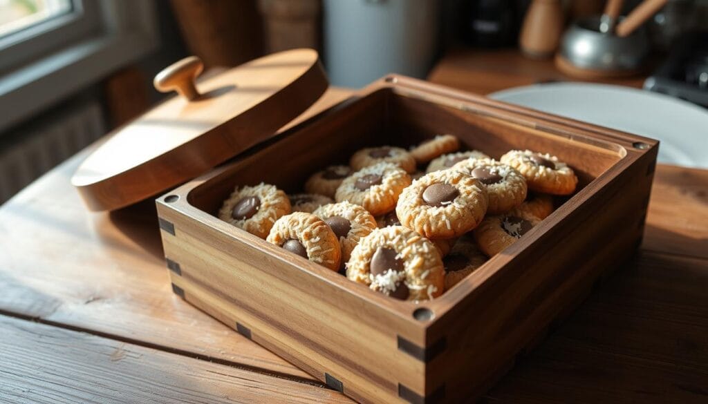 A wooden storage container, its lid ajar, revealing neatly arranged rows of homemade almond joy cookies. The cookies glisten with a light dusting of coconut flakes, their chocolate centers peeking through. Soft, natural lighting filters in from a nearby window, casting a warm glow on the scene. The container sits atop a rustic, weathered wooden table, its surface bearing the marks of time. In the background, a faint hint of a cozy kitchen can be seen, with subtle hints of utensils and appliances. The overall atmosphere evokes a sense of comfort, indulgence, and the joy of baking and sharing beloved treats. A wooden storage container, its lid ajar, revealing neatly arranged rows of homemade almond joy cookies. The cookies glisten with a light dusting of coconut flakes, their chocolate centers peeking through. Soft, natural lighting filters in from a nearby window, casting a warm glow on the scene. The container sits atop a rustic, weathered wooden table, its surface bearing the marks of time. In the background, a faint hint of a cozy kitchen can be seen, with subtle hints of utensils and appliances. The overall atmosphere evokes a sense of comfort, indulgence, and the joy of baking and sharing beloved treats.