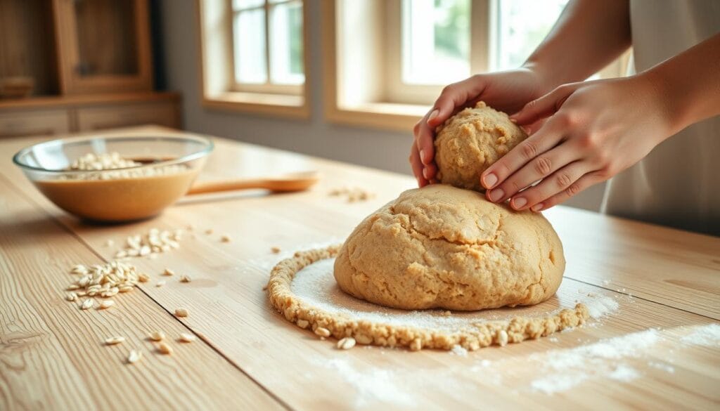 A wooden table with a light-colored surface, bathed in warm, natural lighting from a large window. On the table, a mixing bowl filled with a light tan, smooth oatmeal cookie dough. Beside the bowl, a wooden spoon and a few stray oats. In the foreground, a pair of hands gently kneading and shaping the dough, creating an inviting, tactile scene. The focus is on the preparation process, capturing the texture and consistency of the dough as it takes shape. The overall mood is relaxed and cozy, conveying the homemade, artisanal nature of the cookies. A wooden table with a light-colored surface, bathed in warm, natural lighting from a large window. On the table, a mixing bowl filled with a light tan, smooth oatmeal cookie dough. Beside the bowl, a wooden spoon and a few stray oats. In the foreground, a pair of hands gently kneading and shaping the dough, creating an inviting, tactile scene. The focus is on the preparation process, capturing the texture and consistency of the dough as it takes shape. The overall mood is relaxed and cozy, conveying the homemade, artisanal nature of the cookies.
