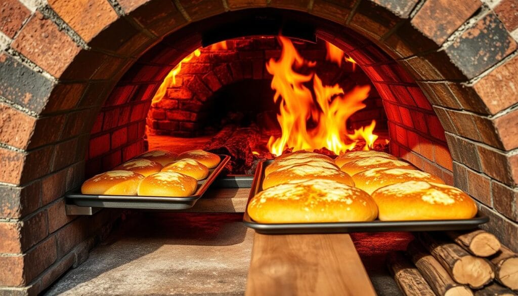 An interior view of a traditional brick oven, its wide mouth aglow with the fiery embers of a well-stoked fire. Trays of golden-crusted sourdough loaves, their cheesy tops bubbling and caramelizing, slide in and out of the oven's radiant heat on a long wooden peel. Warm, yeasty aromas waft through the air, mingling with the smoky scent of the hardwood flames. The oven's rugged, time-worn facade casts dramatic shadows, lending an artisanal, rustic ambiance to the scene. A tidy stack of fresh-cut logs stands ready to replenish the fire, ensuring the oven maintains its optimal baking temperature. The overall composition captures the tactile, sensory experience of the sourdough baking process in a professional, high-quality manner. An interior view of a traditional brick oven, its wide mouth aglow with the fiery embers of a well-stoked fire. Trays of golden-crusted sourdough loaves, their cheesy tops bubbling and caramelizing, slide in and out of the oven's radiant heat on a long wooden peel. Warm, yeasty aromas waft through the air, mingling with the smoky scent of the hardwood flames. The oven's rugged, time-worn facade casts dramatic shadows, lending an artisanal, rustic ambiance to the scene. A tidy stack of fresh-cut logs stands ready to replenish the fire, ensuring the oven maintains its optimal baking temperature. The overall composition captures the tactile, sensory experience of the sourdough baking process in a professional, high-quality manner.