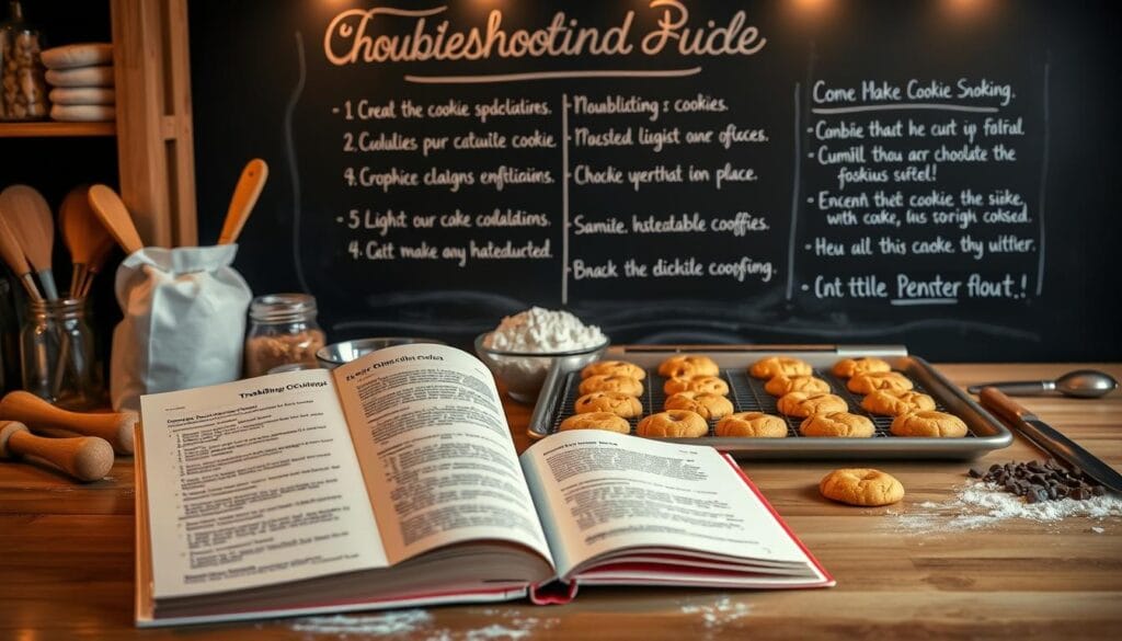 Crumbl Cookie Baking Troubleshooting Guide: A meticulously detailed bakery counter, illuminated by warm, soft lighting. In the foreground, an open recipe book showcases step-by-step instructions, with various baking utensils and tools arranged neatly around it. The middle ground features a tray of freshly baked Crumbl cookies, their golden-brown surfaces glistening, alongside a bowl of chocolate chips and a bag of flour. In the background, a chalkboard wall displays a troubleshooting guide, outlining common cookie issues and their solutions, written in a elegant, hand-lettered style. The overall atmosphere is one of cozy, inviting professionalism, inspiring the home baker to tackle any cookie challenge with confidence. Crumbl Cookie Baking Troubleshooting Guide: A meticulously detailed bakery counter, illuminated by warm, soft lighting. In the foreground, an open recipe book showcases step-by-step instructions, with various baking utensils and tools arranged neatly around it. The middle ground features a tray of freshly baked Crumbl cookies, their golden-brown surfaces glistening, alongside a bowl of chocolate chips and a bag of flour. In the background, a chalkboard wall displays a troubleshooting guide, outlining common cookie issues and their solutions, written in a elegant, hand-lettered style. The overall atmosphere is one of cozy, inviting professionalism, inspiring the home baker to tackle any cookie challenge with confidence.