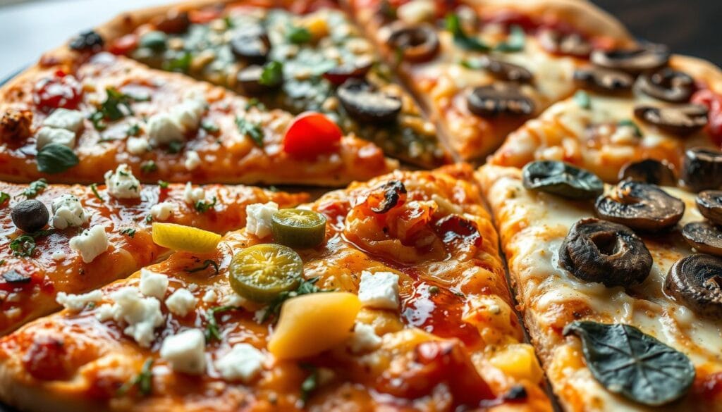 Detailed, mouthwatering close-up of an assortment of creative homemade pizza variations, featuring artfully arranged slices with unique toppings and textures. In the foreground, a combination pizza with a golden, chewy crust, topped with juicy dill pickles, crumbled feta, and fresh herbs. In the middle ground, a pesto pizza with roasted vegetables and a drizzle of balsamic glaze. In the background, a pizza with a crispy, charred crust, topped with caramelized onions, sliced mushrooms, and shredded mozzarella. Soft, natural lighting highlights the vibrant colors and textures of the ingredients. Captured with a high-resolution DSLR camera, showcasing the artistry and craftsmanship of homemade pizza-making. Detailed, mouthwatering close-up of an assortment of creative homemade pizza variations, featuring artfully arranged slices with unique toppings and textures. In the foreground, a combination pizza with a golden, chewy crust, topped with juicy dill pickles, crumbled feta, and fresh herbs. In the middle ground, a pesto pizza with roasted vegetables and a drizzle of balsamic glaze. In the background, a pizza with a crispy, charred crust, topped with caramelized onions, sliced mushrooms, and shredded mozzarella. Soft, natural lighting highlights the vibrant colors and textures of the ingredients. Captured with a high-resolution DSLR camera, showcasing the artistry and craftsmanship of homemade pizza-making.