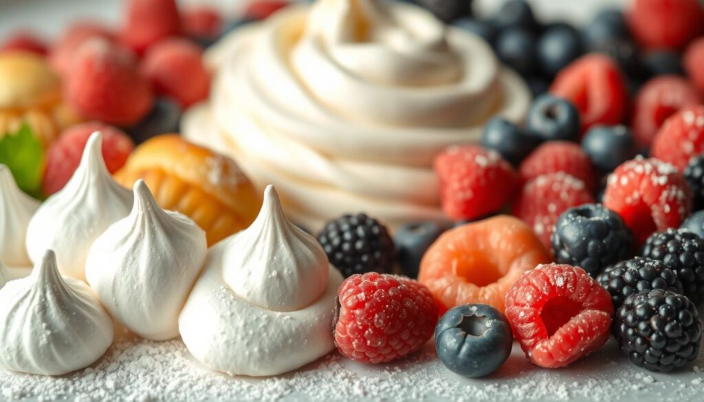 A bountiful arrangement of cloud-like ingredients for a dreamy dessert. In the foreground, fluffy meringue peaks, dusted with powdered sugar, nestle alongside delicate choux pastry puffs. In the middle, a smooth crème anglaise and silky whipped cream, swirled together in a harmonious dance. The background features a scattering of plump, juicy berries - raspberries, blueberries, and blackberries - their vibrant hues contrasting beautifully with the creamy tones. Soft, natural lighting casts a warm, inviting glow over the scene, while a shallow depth of field keeps the focus on the delectable components. An ethereal, heavenly mood pervades, hinting at the cloud-like deliciousness to come. A bountiful arrangement of cloud-like ingredients for a dreamy dessert. In the foreground, fluffy meringue peaks, dusted with powdered sugar, nestle alongside delicate choux pastry puffs. In the middle, a smooth crème anglaise and silky whipped cream, swirled together in a harmonious dance. The background features a scattering of plump, juicy berries - raspberries, blueberries, and blackberries - their vibrant hues contrasting beautifully with the creamy tones. Soft, natural lighting casts a warm, inviting glow over the scene, while a shallow depth of field keeps the focus on the delectable components. An ethereal, heavenly mood pervades, hinting at the cloud-like deliciousness to come.