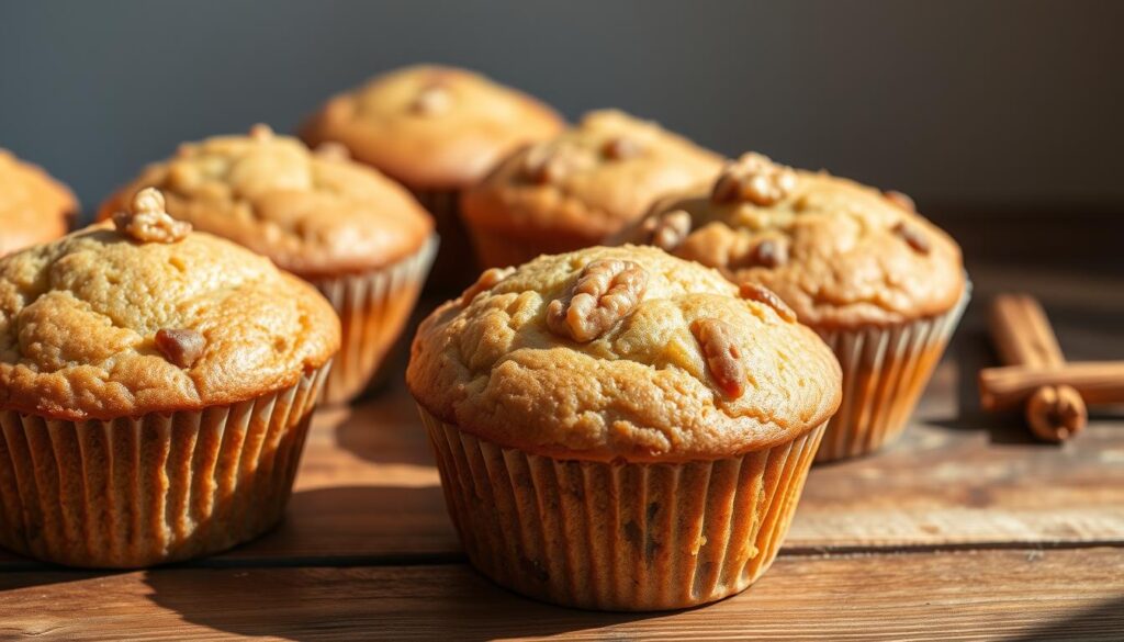 A close-up photograph of freshly baked Kodiak muffins arranged on a rustic wooden table. The muffins have a golden brown top with a moist and fluffy interior, studded with chunks of walnuts and a hint of cinnamon. Soft natural lighting illuminates the scene, casting warm shadows and highlighting the tender crumb texture. The muffins are placed against a neutral background, allowing their appealing homemade appearance to take center stage. An elegant and appetizing still life, capturing the comforting aroma and inviting tactile quality of these wholesome Kodiak muffins.