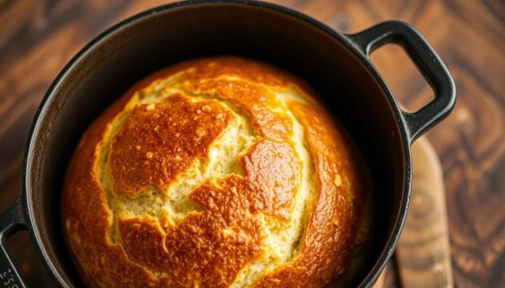 A close-up shot of a freshly baked loaf of cheddar jalapeño sourdough bread, resting inside a cast iron dutch oven. The bread's golden-brown crust glistens under warm, diffused lighting, revealing the intricate scoring pattern on the surface. The dutch oven is positioned on a rustic wooden surface, providing a natural, earthy backdrop. The scene conveys a sense of artisanal craftsmanship and the comforting aroma of freshly baked bread. Detailed textures, realistic lighting, and a subtle depth of field create an immersive, high-quality visual representation of the "Dutch Oven Mastery and Scoring Tips" section. A close-up shot of a freshly baked loaf of cheddar jalapeño sourdough bread, resting inside a cast iron dutch oven. The bread's golden-brown crust glistens under warm, diffused lighting, revealing the intricate scoring pattern on the surface. The dutch oven is positioned on a rustic wooden surface, providing a natural, earthy backdrop. The scene conveys a sense of artisanal craftsmanship and the comforting aroma of freshly baked bread. Detailed textures, realistic lighting, and a subtle depth of field create an immersive, high-quality visual representation of the "Dutch Oven Mastery and Scoring Tips" section.