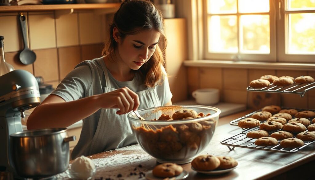 A cozy kitchen scene with a baker intently focused on mixing a batch of eggless chocolate chip cookie dough. Warm golden light filters through the window, casting a soft glow over the quaint, tidy workspace. Flour dusts the surface, alongside a set of well-worn utensils and a vintage-inspired mixing bowl. The baker's expression is one of quiet concentration as they carefully incorporate the ingredients, determined to create the perfect, chewy cookies. In the background, a rack of freshly baked treats sits cooling, their tempting aroma wafting through the air. The overall atmosphere conveys a sense of homey comfort and the joy of baking, reflecting the "Common Mistakes to Avoid" section of the article. A cozy kitchen scene with a baker intently focused on mixing a batch of eggless chocolate chip cookie dough. Warm golden light filters through the window, casting a soft glow over the quaint, tidy workspace. Flour dusts the surface, alongside a set of well-worn utensils and a vintage-inspired mixing bowl. The baker's expression is one of quiet concentration as they carefully incorporate the ingredients, determined to create the perfect, chewy cookies. In the background, a rack of freshly baked treats sits cooling, their tempting aroma wafting through the air. The overall atmosphere conveys a sense of homey comfort and the joy of baking, reflecting the "Common Mistakes to Avoid" section of the article.