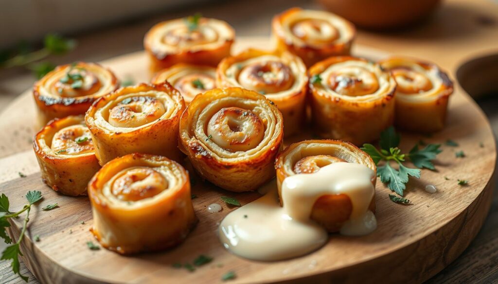 A delectable arrangement of homemade chicken pinwheels, their golden-brown exteriors glistening under soft, natural lighting. The pinwheels are neatly arranged on a rustic wooden board, complemented by a scattering of fresh herbs and a drizzle of creamy, tangy sauce. The scene evokes a welcoming, appetizing atmosphere, inviting the viewer to savor the delicious variation on classic baked chicken. The camera angle captures the pinwheels from a slightly elevated perspective, emphasizing their mouthwatering appeal. Subtle shadows and highlights accentuate the textures and layers of the dish, creating a visually captivating and appetite-inducing image.