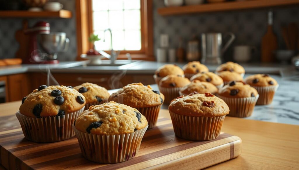 A delectable assortment of Kodiak muffins showcased in a warm, rustic kitchen setting. In the foreground, an array of freshly baked muffins in various flavors, such as blueberry, banana nut, and cinnamon apple, sit atop a wooden cutting board. Wisps of steam rise from the muffins, hinting at their irresistible aroma. In the middle ground, a marble countertop displays additional muffin variations, including chocolate chip and oatmeal raisin, arranged artfully. Soft, natural lighting from a nearby window casts a gentle glow, accentuating the muffins' inviting textures and colors. In the background, a few kitchen essentials, like a vintage mixing bowl and a set of measuring cups, add to the cozy, homemade atmosphere.