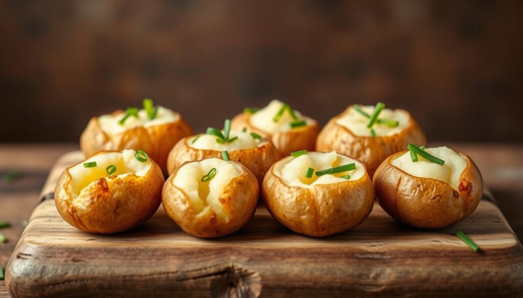 A delightful arrangement of mini baked potatoes, each one a perfectly golden-brown oval, resting on a rustic wooden surface. The potatoes are adorned with a delicate sprinkling of fresh chives, their vibrant green hues providing a beautiful contrast. Soft, fluffy interiors beckon, ready to be topped with a variety of savory or creamy accompaniments. Warm lighting from above casts a cozy glow, highlighting the crisp, slightly textured skins. The composition is carefully balanced, showcasing the mini potatoes as the star of the scene, with a clean, uncluttered background allowing them to shine. This image captures the appetizing essence of these bite-sized baked potatoes, perfect for sharing and pairing with your favorite dips, sauces, or other complementary flavors. A delightful arrangement of mini baked potatoes, each one a perfectly golden-brown oval, resting on a rustic wooden surface. The potatoes are adorned with a delicate sprinkling of fresh chives, their vibrant green hues providing a beautiful contrast. Soft, fluffy interiors beckon, ready to be topped with a variety of savory or creamy accompaniments. Warm lighting from above casts a cozy glow, highlighting the crisp, slightly textured skins. The composition is carefully balanced, showcasing the mini potatoes as the star of the scene, with a clean, uncluttered background allowing them to shine. This image captures the appetizing essence of these bite-sized baked potatoes, perfect for sharing and pairing with your favorite dips, sauces, or other complementary flavors.