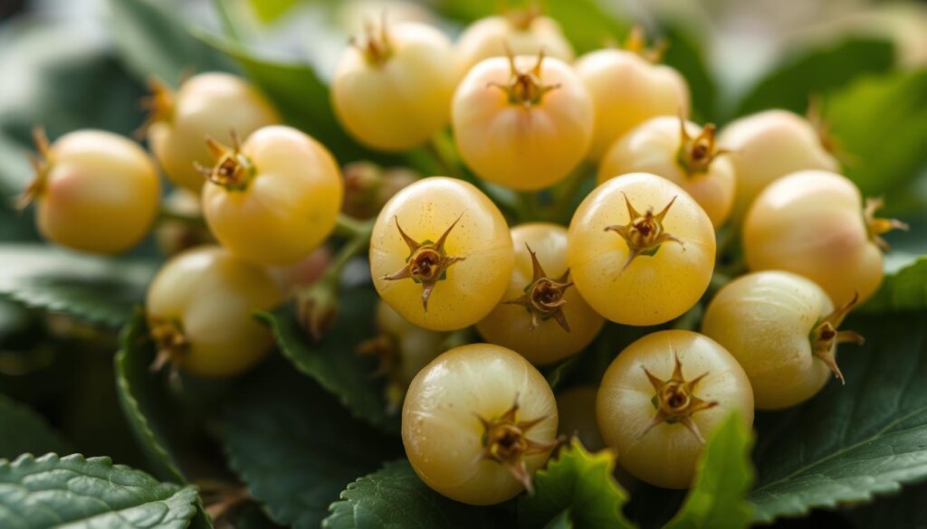 A lush, close-up photograph of a cluster of plump, translucent gooseberries with a slight blush, their thin, delicate skins glistening under soft, diffused natural lighting. The berries are nestled on a bed of deep green, velvety leaves, their stems visible and textures clearly defined. The background is blurred, creating a sense of depth and focus on the foreground subject. The overall mood is one of botanical elegance and the inherent tart sweetness of the gooseberry. A lush, close-up photograph of a cluster of plump, translucent gooseberries with a slight blush, their thin, delicate skins glistening under soft, diffused natural lighting. The berries are nestled on a bed of deep green, velvety leaves, their stems visible and textures clearly defined. The background is blurred, creating a sense of depth and focus on the foreground subject. The overall mood is one of botanical elegance and the inherent tart sweetness of the gooseberry.