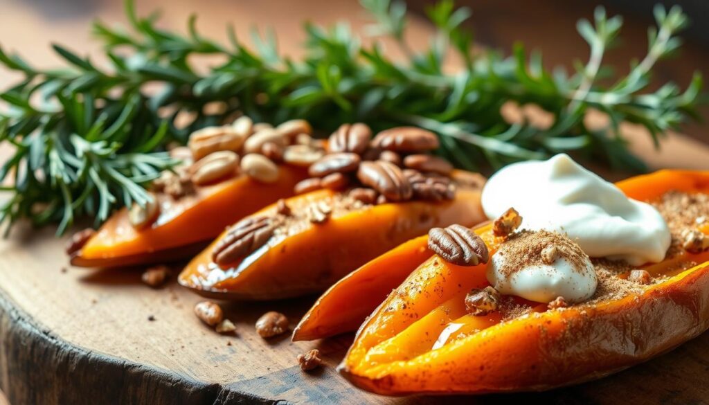 A mouth-watering array of sweet potato toppings is artfully arranged on a rustic wooden surface. In the foreground, vibrant orange roasted sweet potato wedges are topped with a drizzle of honey and a sprinkling of cinnamon. In the middle ground, a scattering of toasted pecans and a dollop of tangy sour cream add contrasting textures and flavors. The background features a selection of fresh herbs, including rosemary and thyme, their verdant hues complementing the warm tones of the sweet potatoes. The scene is illuminated by soft, natural lighting, creating a cozy, inviting atmosphere perfect for showcasing these delectable sweet potato toppings. A mouth-watering array of sweet potato toppings is artfully arranged on a rustic wooden surface. In the foreground, vibrant orange roasted sweet potato wedges are topped with a drizzle of honey and a sprinkling of cinnamon. In the middle ground, a scattering of toasted pecans and a dollop of tangy sour cream add contrasting textures and flavors. The background features a selection of fresh herbs, including rosemary and thyme, their verdant hues complementing the warm tones of the sweet potatoes. The scene is illuminated by soft, natural lighting, creating a cozy, inviting atmosphere perfect for showcasing these delectable sweet potato toppings.
