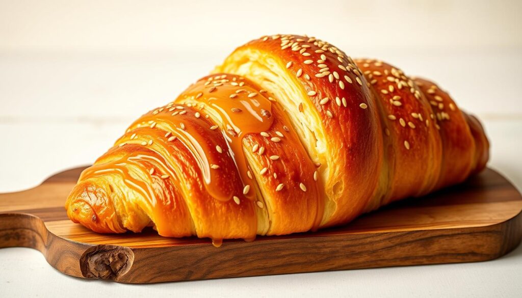 A neatly arranged, mouth-watering croissant toast with a golden, flaky exterior, drizzled with a generous amount of honey and sprinkled with toasted sesame seeds. The croissant is sliced diagonally, revealing the soft, buttery interior, arranged on a rustic wooden board against a clean, light background. Soft, diffused lighting casts a warm, inviting glow, highlighting the textural details and the artful presentation. The composition is balanced, with the croissant taking center stage, showcasing the delectable recipe in a professional, appetizing manner.