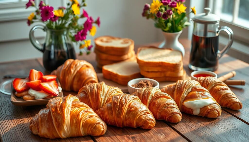 A neatly arranged spread of croissant toast ingredients on a rustic wooden table, bathed in warm, natural lighting. In the foreground, freshly baked croissants, flaky and golden, alongside a selection of toppings - sliced strawberries, dollops of rich cream cheese, and a drizzle of honey. In the middle ground, a stack of crisp toast slices, their edges lightly charred, and a small ceramic dish filled with fragrant ground cinnamon. In the background, a carafe of freshly brewed coffee, its steam curling lazily, and a vase of vibrant wildflowers, adding a touch of color and elegance to the scene. The overall atmosphere is one of cozy, inviting indulgence, perfect for starting the day with a delectable croissant toast.