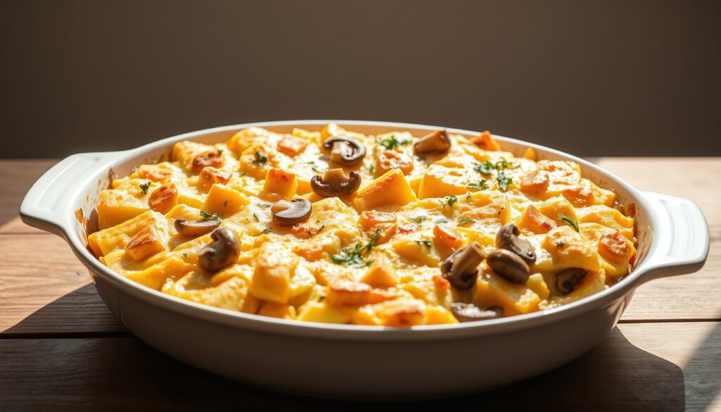 A nourishing vegan breakfast casserole, baked to golden perfection, sits on a wooden table. The casserole dish is filled with a hearty mixture of fluffy tofu, savory mushrooms, and aromatic herbs, creating a comforting and satisfying presentation. Soft natural lighting illuminates the dish, casting gentle shadows and highlighting the dish's inviting texture. The background is blurred, allowing the casserole to take center stage, while a simple, minimalist setting emphasizes the dish's rustic and homemade appeal. This image captures the essence of a delectable vegan breakfast casserole, ready to be enjoyed and shared. A nourishing vegan breakfast casserole, baked to golden perfection, sits on a wooden table. The casserole dish is filled with a hearty mixture of fluffy tofu, savory mushrooms, and aromatic herbs, creating a comforting and satisfying presentation. Soft natural lighting illuminates the dish, casting gentle shadows and highlighting the dish's inviting texture. The background is blurred, allowing the casserole to take center stage, while a simple, minimalist setting emphasizes the dish's rustic and homemade appeal. This image captures the essence of a delectable vegan breakfast casserole, ready to be enjoyed and shared.