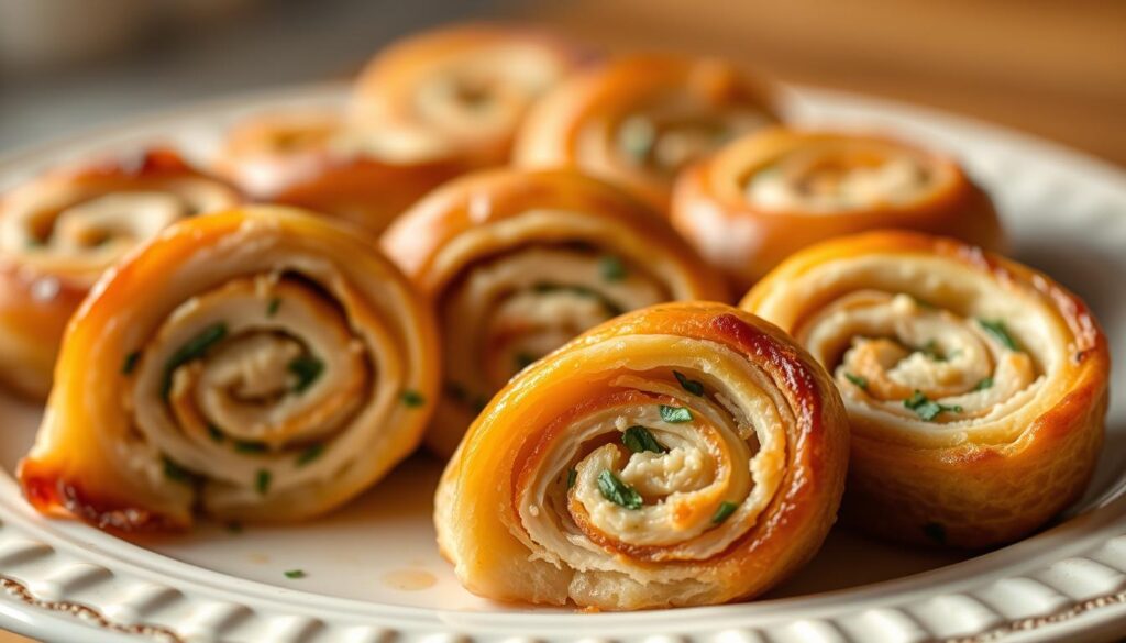 A plate of freshly baked chicken pinwheels, the golden-brown pastry glistening under warm, soft lighting. The pinwheels are neatly arranged, each one revealing a cross-section of tender, shredded chicken and vibrant herbs nestled within a flaky, buttery crust. The foreground is in sharp focus, showcasing the delicate, swirling patterns of the pinwheels, while the background is gently blurred, creating a sense of depth and emphasis on the star of the scene. The overall mood is one of inviting, homemade comfort, perfectly suited to be the centerpiece of a party or an appetizing snack.