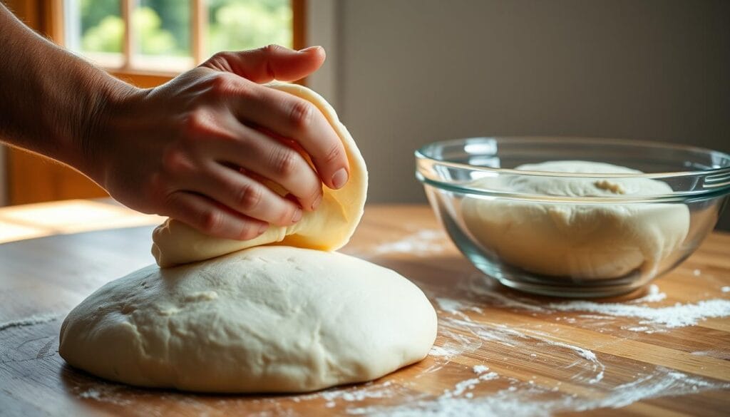 A professional chef's hand kneading and folding dough on a wooden kitchen counter, with natural lighting streaming in from a window. The dough has a smooth, even texture, and the chef's movements are deliberate and precise, showcasing the autolyse process - a crucial step in developing the gluten structure. In the background, a glass bowl filled with freshly proofed dough rises gently, ready for the next stage of the bread-making journey. The scene exudes a sense of calm, focusing on the tactile experience of working with the dough, a crucial part of the cheddar jalapeño sourdough bread-making process. A professional chef's hand kneading and folding dough on a wooden kitchen counter, with natural lighting streaming in from a window. The dough has a smooth, even texture, and the chef's movements are deliberate and precise, showcasing the autolyse process - a crucial step in developing the gluten structure. In the background, a glass bowl filled with freshly proofed dough rises gently, ready for the next stage of the bread-making journey. The scene exudes a sense of calm, focusing on the tactile experience of working with the dough, a crucial part of the cheddar jalapeño sourdough bread-making process.
