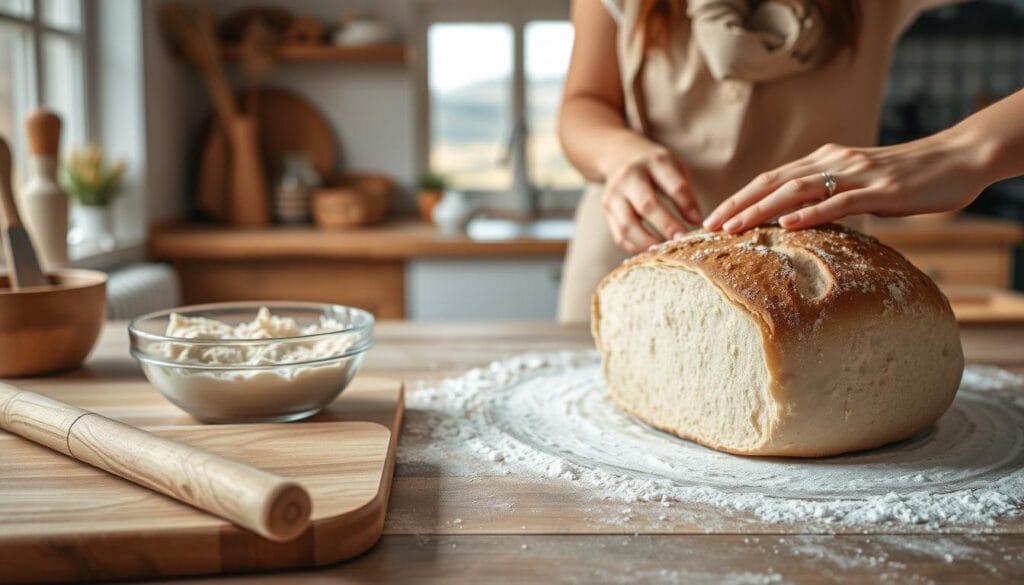 A step-by-step visual guide for sourdough baking, captured in a warm, rustic aesthetic. In the foreground, neatly arranged baking tools and ingredients - a wooden board, a bowl of bubbly sourdough starter, a rolling pin, and a freshly baked loaf. The middle ground features a sourdough loaf being kneaded on a floured surface, with hands gently working the dough. In the background, a softly lit kitchen with natural wooden accents, a glimpse of a window overlooking a cozy countryside scene. The lighting is soft and diffused, creating a cozy, inviting atmosphere. The overall composition guides the viewer through the process of crafting artisanal sourdough, inspiring them to try their hand at this time-honored baking tradition.
