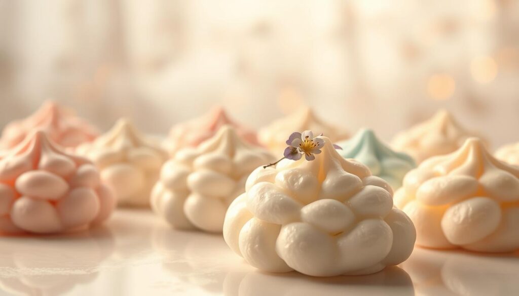 A sumptuous display of delectable cloud puff dessert variations, captured in a softly lit, ethereal setting. In the foreground, an assortment of fluffy, pillowy puffs in an array of pastel hues - dusty pinks, delicate blues, and creamy whites - arranged artfully on a pristine white surface. In the middle ground, a few puffs are adorned with delicate edible flowers, their petals cascading gently. The background is hazy and dreamlike, with a soft focus that emphasizes the dessert's airy, cloud-like texture. Warm, diffused lighting casts a warm, inviting glow, creating a sense of warmth and indulgence. The overall mood is one of whimsical elegance, inviting the viewer to imagine the delicate, melt-in-your-mouth experience of these captivating cloud puff desserts. A sumptuous display of delectable cloud puff dessert variations, captured in a softly lit, ethereal setting. In the foreground, an assortment of fluffy, pillowy puffs in an array of pastel hues - dusty pinks, delicate blues, and creamy whites - arranged artfully on a pristine white surface. In the middle ground, a few puffs are adorned with delicate edible flowers, their petals cascading gently. The background is hazy and dreamlike, with a soft focus that emphasizes the dessert's airy, cloud-like texture. Warm, diffused lighting casts a warm, inviting glow, creating a sense of warmth and indulgence. The overall mood is one of whimsical elegance, inviting the viewer to imagine the delicate, melt-in-your-mouth experience of these captivating cloud puff desserts.