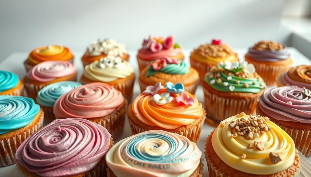 A vibrant, whimsical assortment of freshly baked muffin tops, each showcasing a unique, creative design. In the foreground, a variety of muffin tops with intricate swirls, stripes, and geometric patterns in a range of pastel hues and rich jewel tones. In the middle ground, muffin tops adorned with delicate floral accents, sprinkles, and crumble toppings, illuminated by soft, natural lighting. In the background, a clean, minimalist kitchen counter or table, allowing the muffin tops to take center stage. The scene conveys a sense of artistry, experimentation, and the joy of baking and decorating these versatile, irresistible treats.