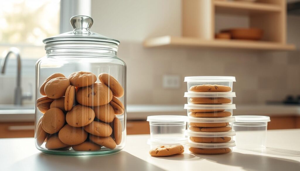 A well-lit kitchen counter, bathed in warm, natural light filtering through a nearby window. In the foreground, a glass cookie jar with a tight-fitting lid, its contents visible through the transparent walls. Beside it, a stack of small, round plastic containers, each labeled with a different cookie variety. The jars are arranged neatly, showcasing the distinct shapes and textures of the cookies within. In the background, a neutral-toned backsplash and minimalist shelving units add a sense of order and organization, complementing the overall presentation of the cookie storage solution. A well-lit kitchen counter, bathed in warm, natural light filtering through a nearby window. In the foreground, a glass cookie jar with a tight-fitting lid, its contents visible through the transparent walls. Beside it, a stack of small, round plastic containers, each labeled with a different cookie variety. The jars are arranged neatly, showcasing the distinct shapes and textures of the cookies within. In the background, a neutral-toned backsplash and minimalist shelving units add a sense of order and organization, complementing the overall presentation of the cookie storage solution.