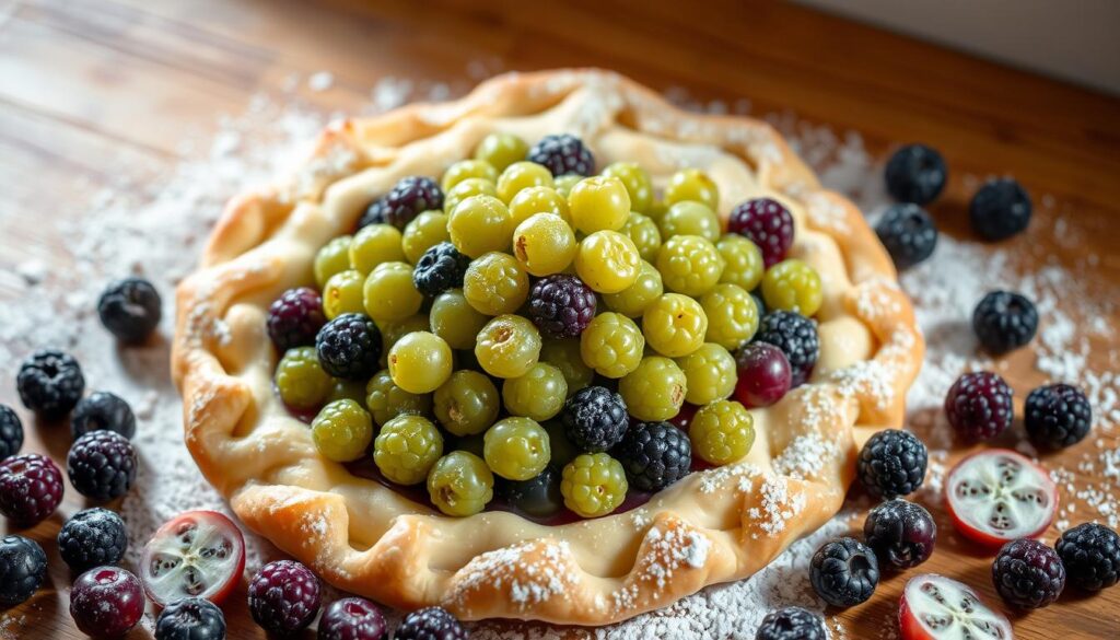 Crisp, golden crust atop a vibrant filling of plump, tart gooseberries. Delicate layers of flaky pastry surround a generous mound of fresh, verdant berries, glistening with a touch of sugar. A scatter of whole berries, halved and sliced, alongside a dusting of powdered sugar, create a visually enticing still life. Warm, natural lighting casts a soft glow, emphasizing the rustic, homemade charm. The composition is framed by a wooden surface, lending an earthy, country-style ambiance. This image captures the essential ingredients for a classic, mouthwatering gooseberry pie. Crisp, golden crust atop a vibrant filling of plump, tart gooseberries. Delicate layers of flaky pastry surround a generous mound of fresh, verdant berries, glistening with a touch of sugar. A scatter of whole berries, halved and sliced, alongside a dusting of powdered sugar, create a visually enticing still life. Warm, natural lighting casts a soft glow, emphasizing the rustic, homemade charm. The composition is framed by a wooden surface, lending an earthy, country-style ambiance. This image captures the essential ingredients for a classic, mouthwatering gooseberry pie.