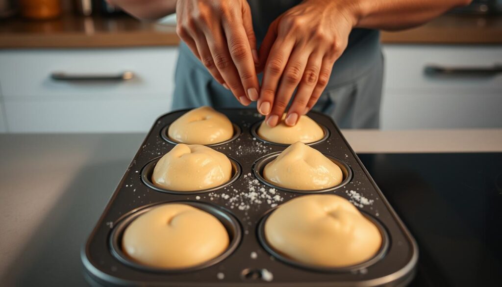 Muffin top baking techniques: a close-up view of a baker's hands skillfully manipulating dough in a muffin tin, creating perfectly domed muffin tops. Warm lighting from the oven casts a soft glow, highlighting the intricate movements. The tin is set against a backdrop of a clean, minimalist kitchen counter, allowing the baking process to be the sole focus. The overall mood is one of precision, care, and the pride of crafting an exceptional muffin top, the hallmark of a delicious baked good.