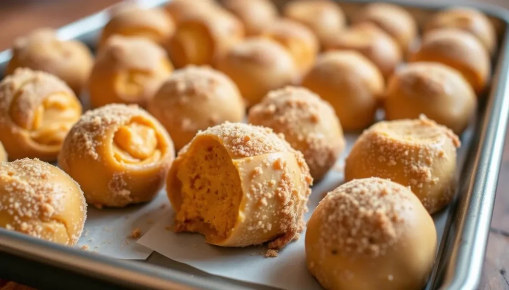 A tray of perfectly round pumpkin cheesecake balls, each one a delightful bite-sized treat. The smooth, creamy cheese filling is nestled within a soft, golden exterior, dusted with a light coating of graham cracker crumbs. The vibrant orange hue of the pumpkin puree shines through, complemented by the warm spices of cinnamon and nutmeg. Soft, indirect lighting casts a gentle glow, highlighting the inviting texture and mouthwatering appearance of these delectable confections. The camera is positioned at a slight angle, capturing the three-dimensional nature of the pumpkin cheesecake balls and their elegant presentation on a rustic wooden surface.