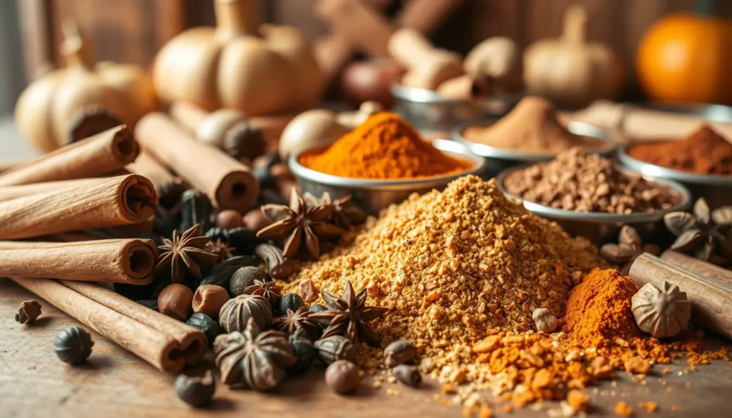 A close-up shot of a collection of various whole and ground spices used in pumpkin pie and other fall desserts. The foreground features an assortment of cinnamon sticks, whole nutmegs, cloves, allspice berries, and dried ginger pieces in warm earthy tones, neatly arranged on a wooden surface. The middle ground showcases finely ground spice powders, including cinnamon, nutmeg, ginger, and clove, in small piles or bowls, creating a harmonious color palette. The background is softly blurred, suggesting a cozy, rustic kitchen setting, with hints of wooden cabinetry or shelving. The lighting is natural, creating subtle shadows and highlights that accentuate the textures and hues of the spices, conveying a sense of warmth and comfort associated with autumn baking.