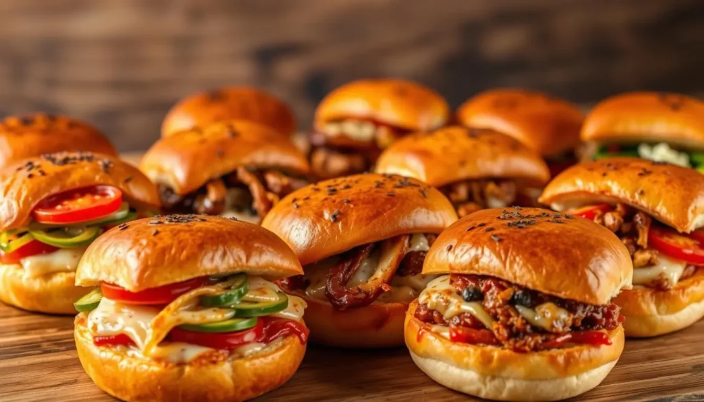 A delectable assortment of artisanal pizza sliders, each a culinary masterpiece. In the foreground, golden-crusted mini pizzas with a variety of toppings - classic pepperoni, vibrant veggie medleys, and decadent four-cheese blends. The middle ground showcases inventive flavor combinations, like BBQ pulled pork, buffalo chicken, and Mediterranean-inspired toppings, all nestled between fluffy, freshly baked slider buns. The background features a rustic wooden surface, illuminated by warm, soft lighting that casts a cozy, inviting atmosphere, highlighting the melted cheese, crisp edges, and vibrant colors of this irresistible pizza slider showcase.