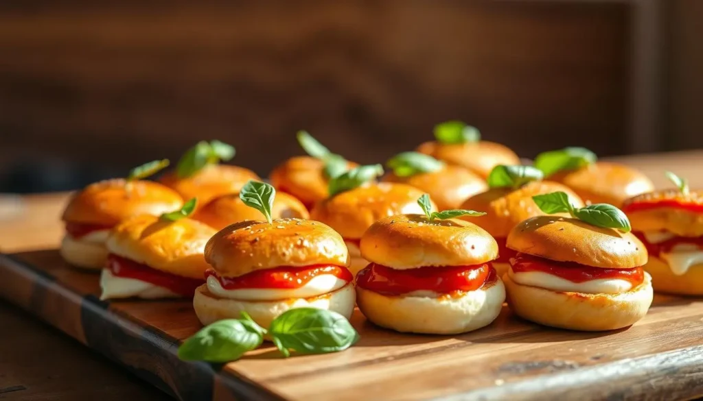 A neatly arranged platter of miniature pizza sliders, the dough buns lightly toasted and adorned with melted mozzarella cheese, fresh basil leaves, and a drizzle of savory marinara sauce. The sliders are presented on a rustic wooden surface, bathed in warm, natural lighting that accentuates their inviting appearance. The scene conveys a casual, appetizing atmosphere, perfect for serving as a crowd-pleasing appetizer or a satisfying snack.