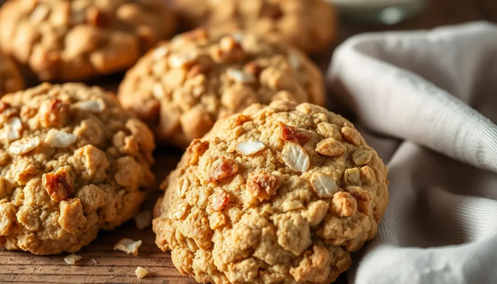 Soft, chewy oatmeal coconut cookies freshly baked, golden brown with a delicate crunch. Crunchy toasted coconut flakes sprinkled generously, complementing the hearty oats. Warm lighting illuminates the cookies, casting a cozy glow. Shallow depth of field focuses attention on the enticing texture and inviting aroma. Cookies arranged on a rustic wooden surface, with a simple linen napkin nearby, conveying a homemade, comforting scene. Mouthwatering and irresistible, a visually captivating representation of the delicious oatmeal coconut cookies. Soft chewy oatmeal-coconut cookies