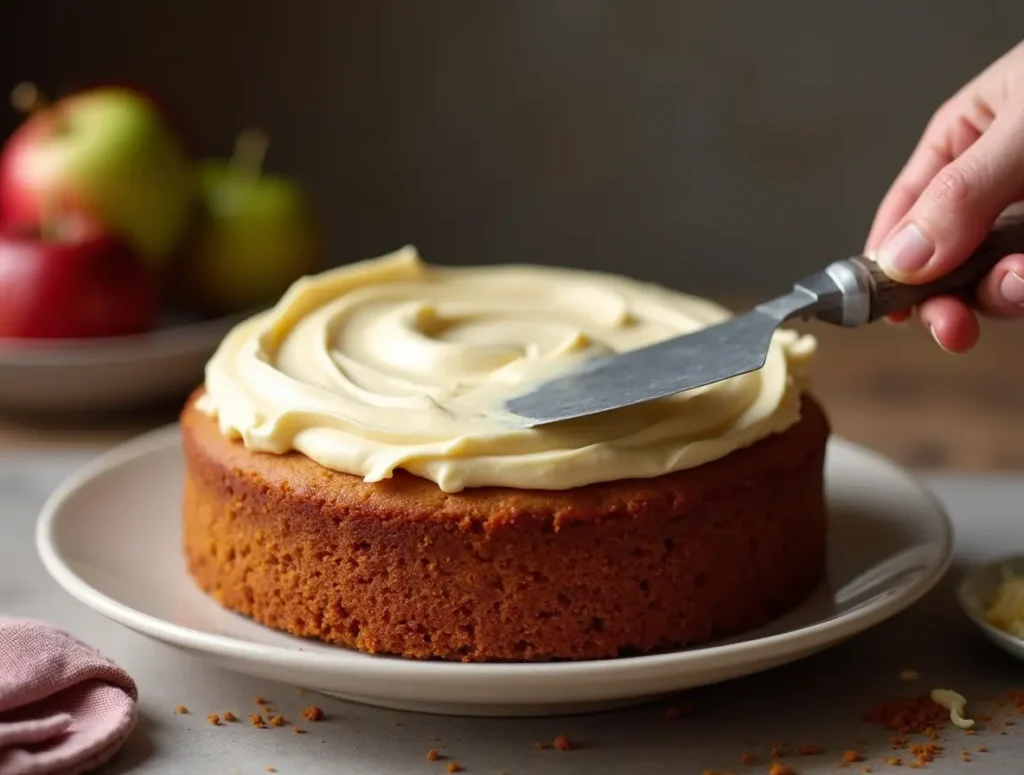 Frosting an applesauce spice cake before serving